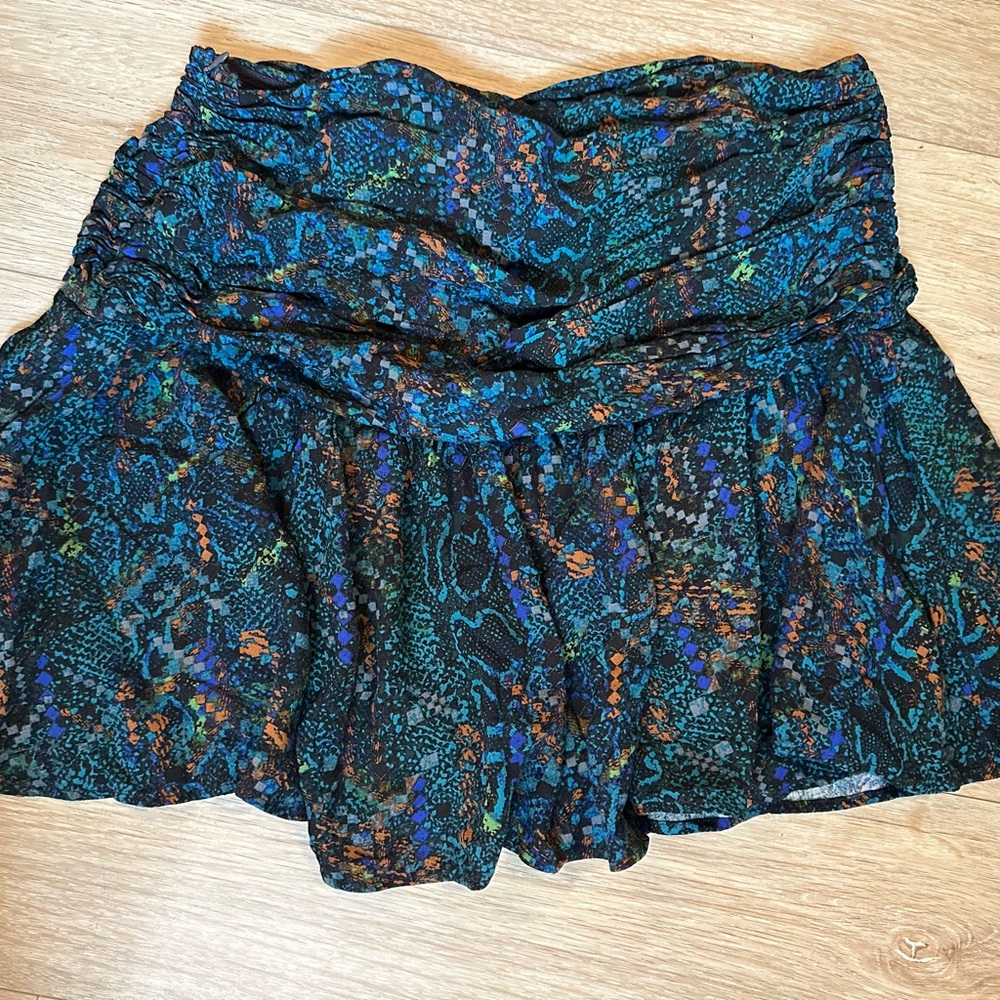 Free People-Multi Blue - Ruched- Saturday Sun Mini Skirt in Who She Is Sz 8 - Picture 4 of 9